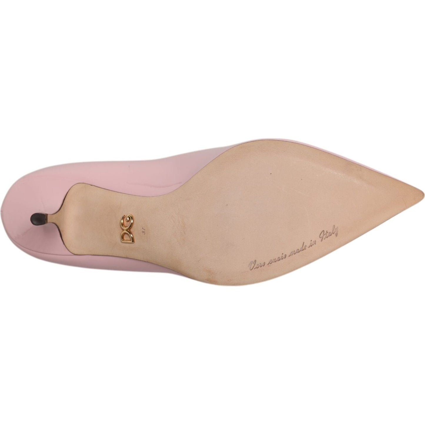 Sole view of Dolce & Gabbana Light Pink Patent Leather Heels Pumps, showcasing logo and made in Italy text.