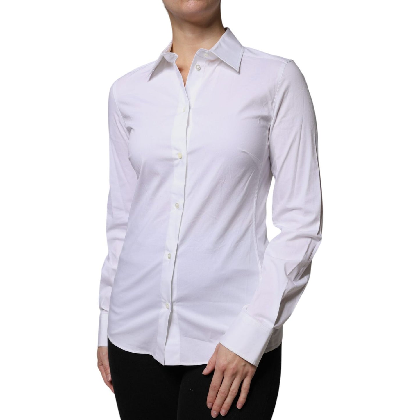 Dolce & Gabbana white cotton collared long sleeves shirt top with button closure and logo details, made in Italy.