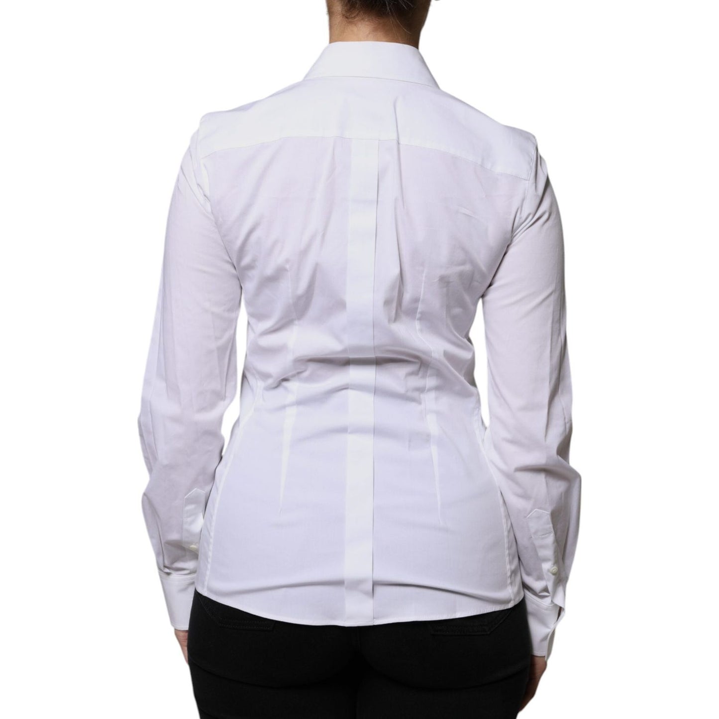 Back view of Dolce & Gabbana white cotton collared long sleeve shirt top with button closure