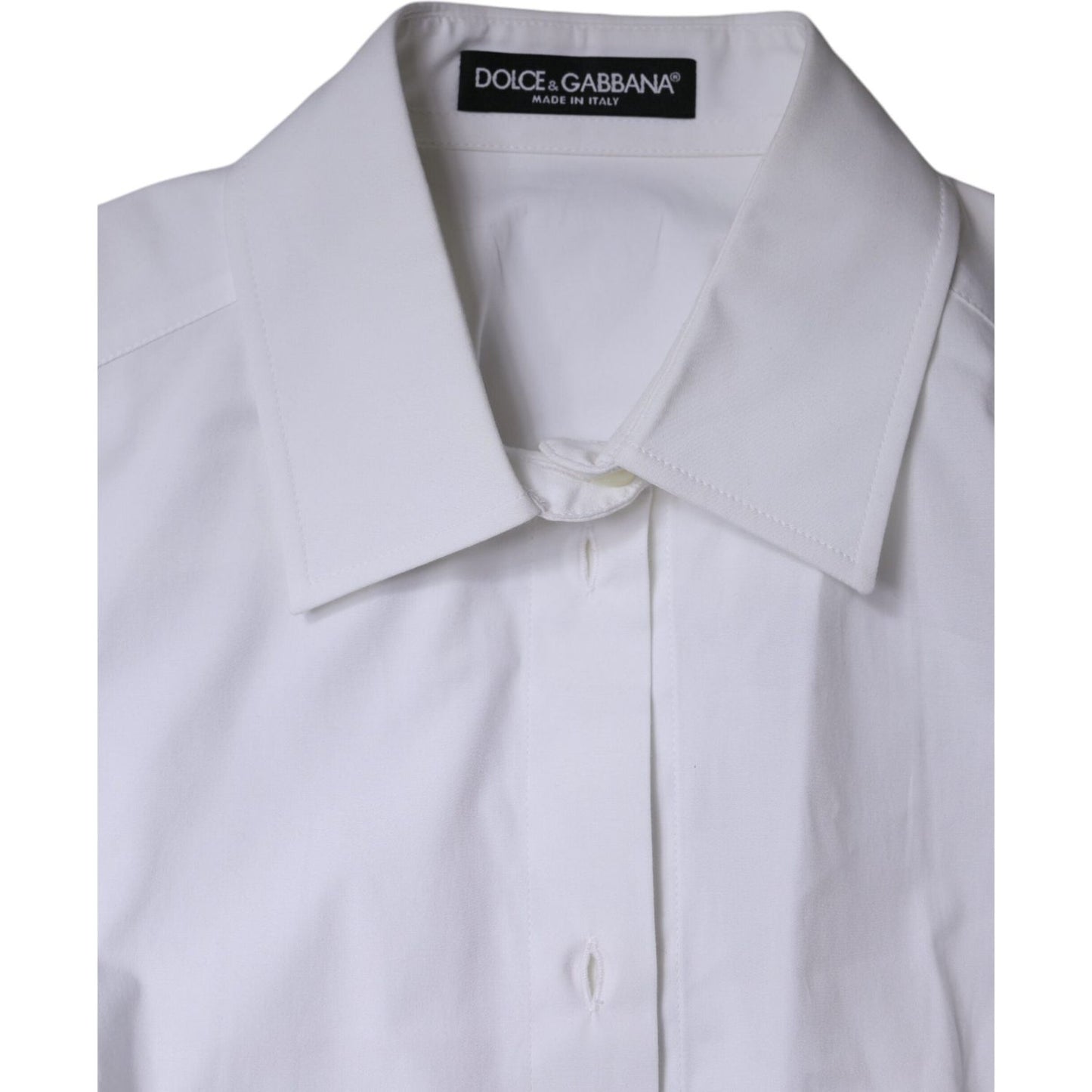 Dolce & Gabbana white cotton collared shirt with long sleeves, button closure, and logo detail, made in Italy.