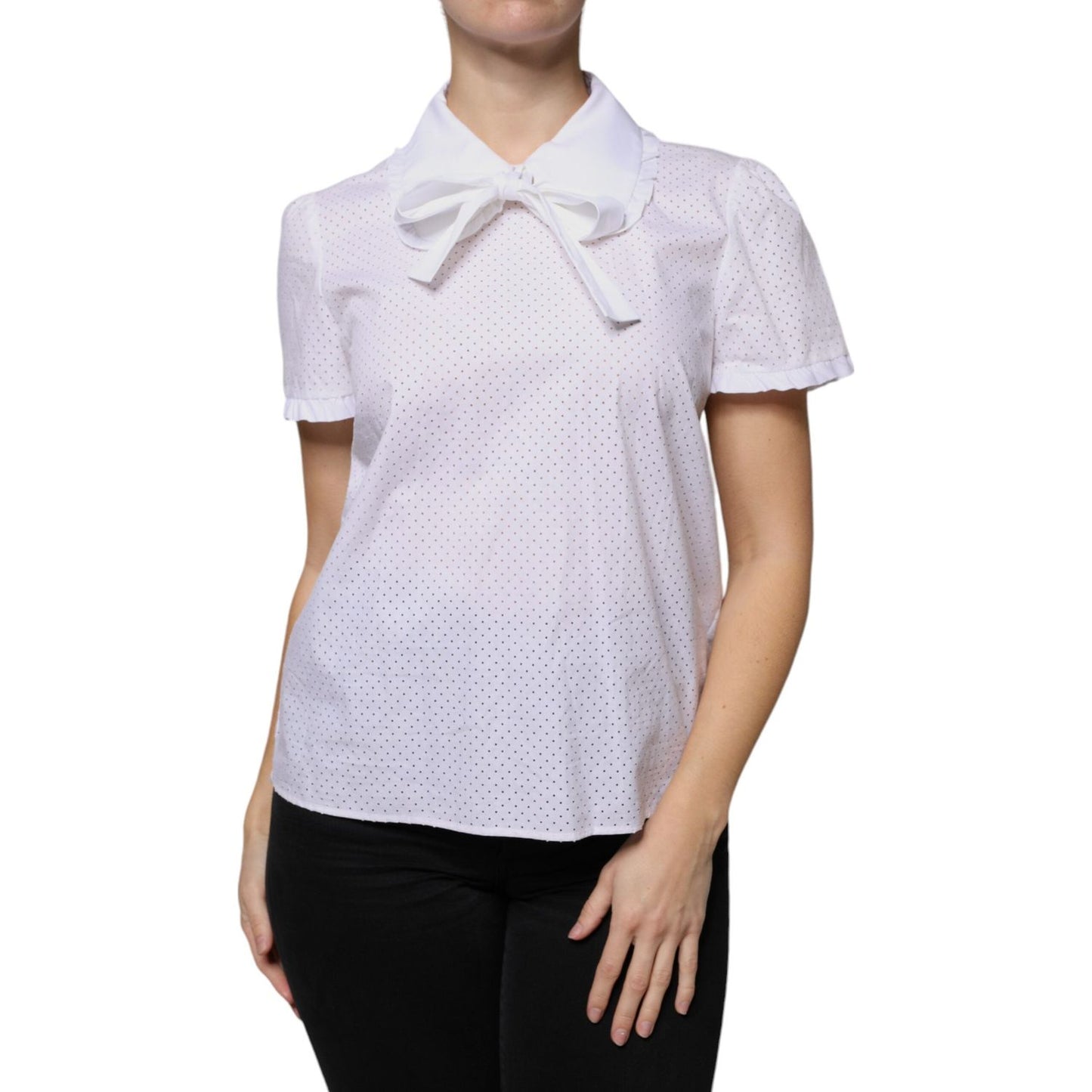 Woman wearing Valentino white cotton short sleeves collared blouse with bow detail. Red Valentino logo, minor collar make-up stains.
