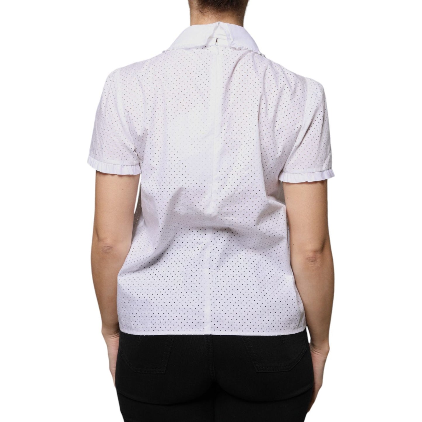 Back view of white Valentino cotton blouse with short sleeves and collar, showing make-up stains on the collar.