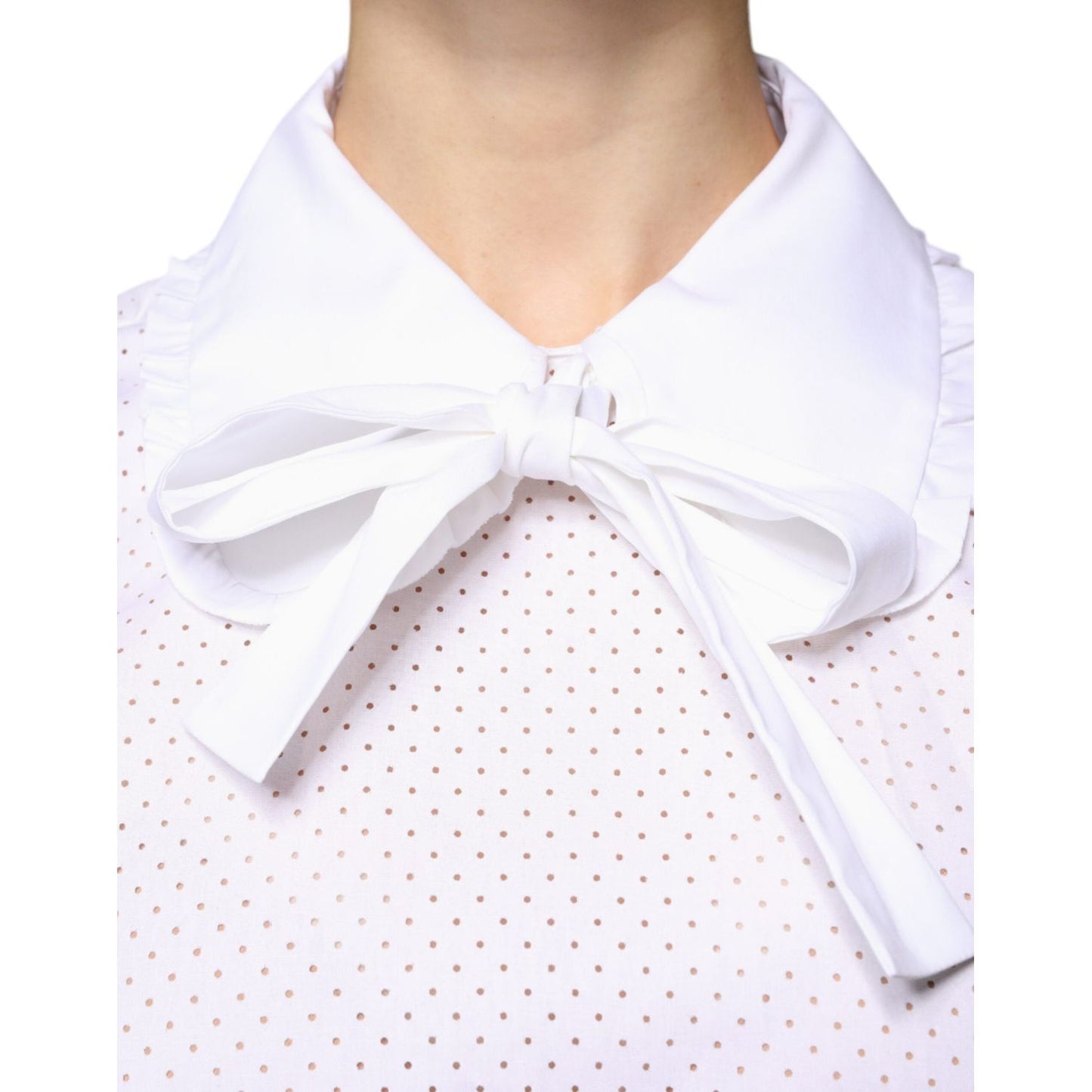 Valentino white cotton short sleeves collared blouse with bow detail, close-up of collar showing make-up stain defect