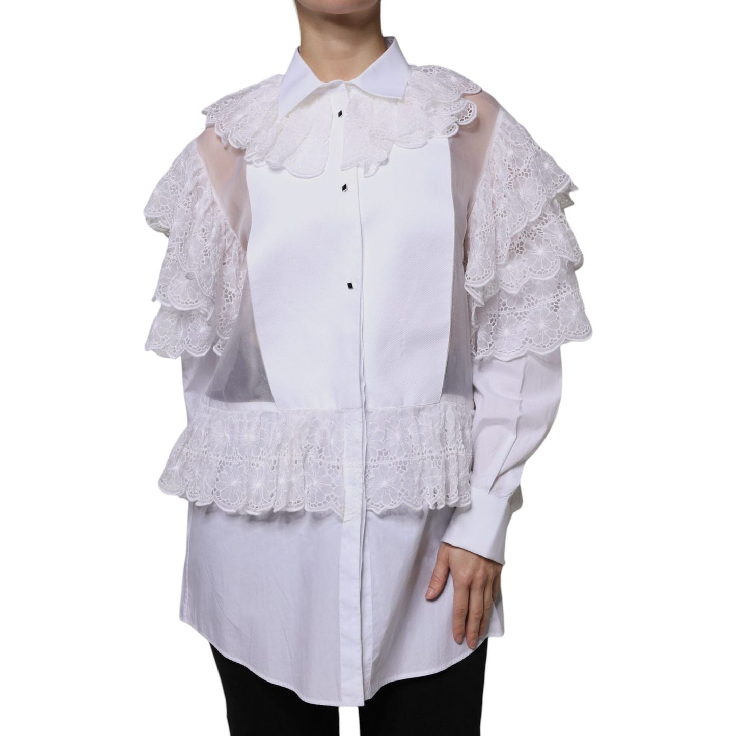 Dolce & Gabbana white cotton and silk poplin shirt dress blouse with lace details, long sleeves, and button front closure, Italian made.