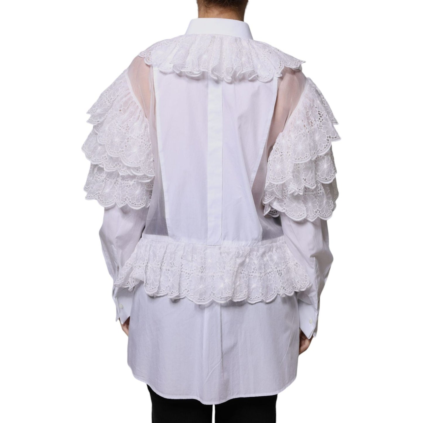 Back view of Dolce & Gabbana white cotton poplin shirt dress with lace details, long sleeves, and button front closure.