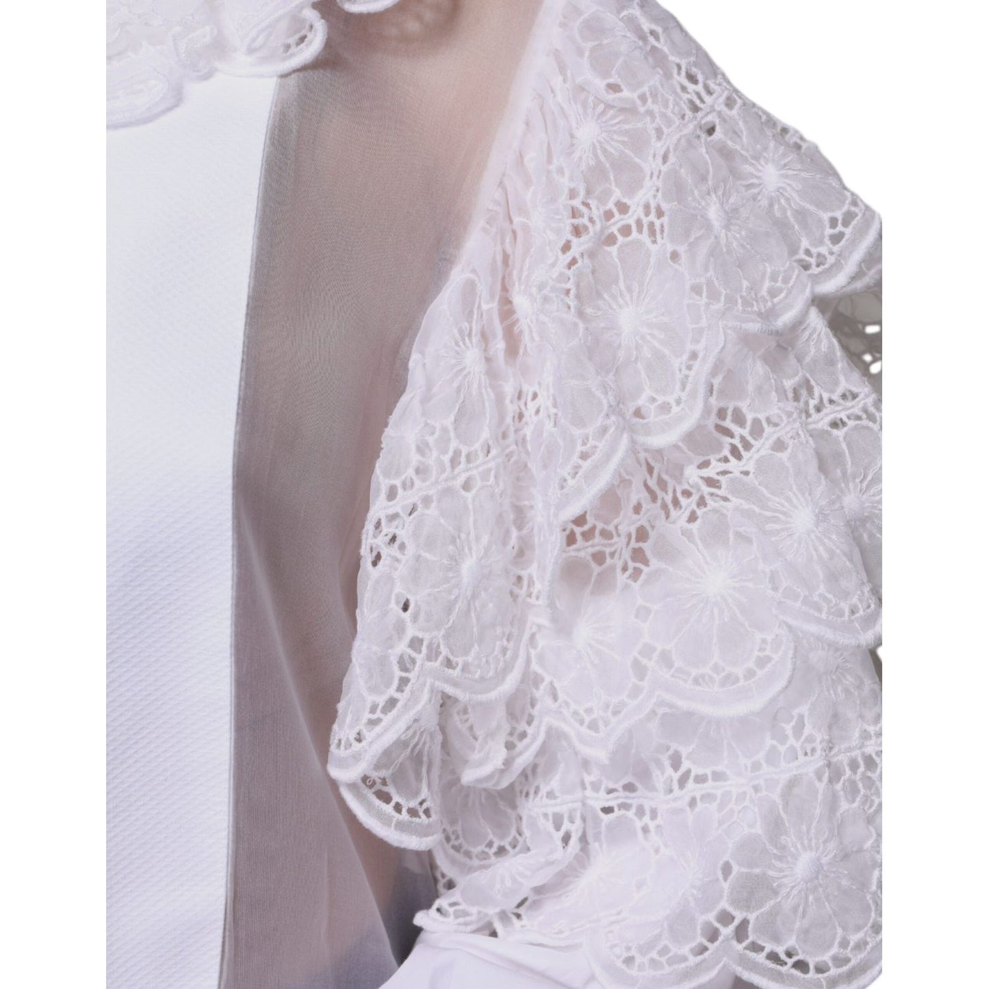 Delicate lace detailing on white Dolce & Gabbana cotton poplin blouse, featuring inlaid organza and floral patterns.