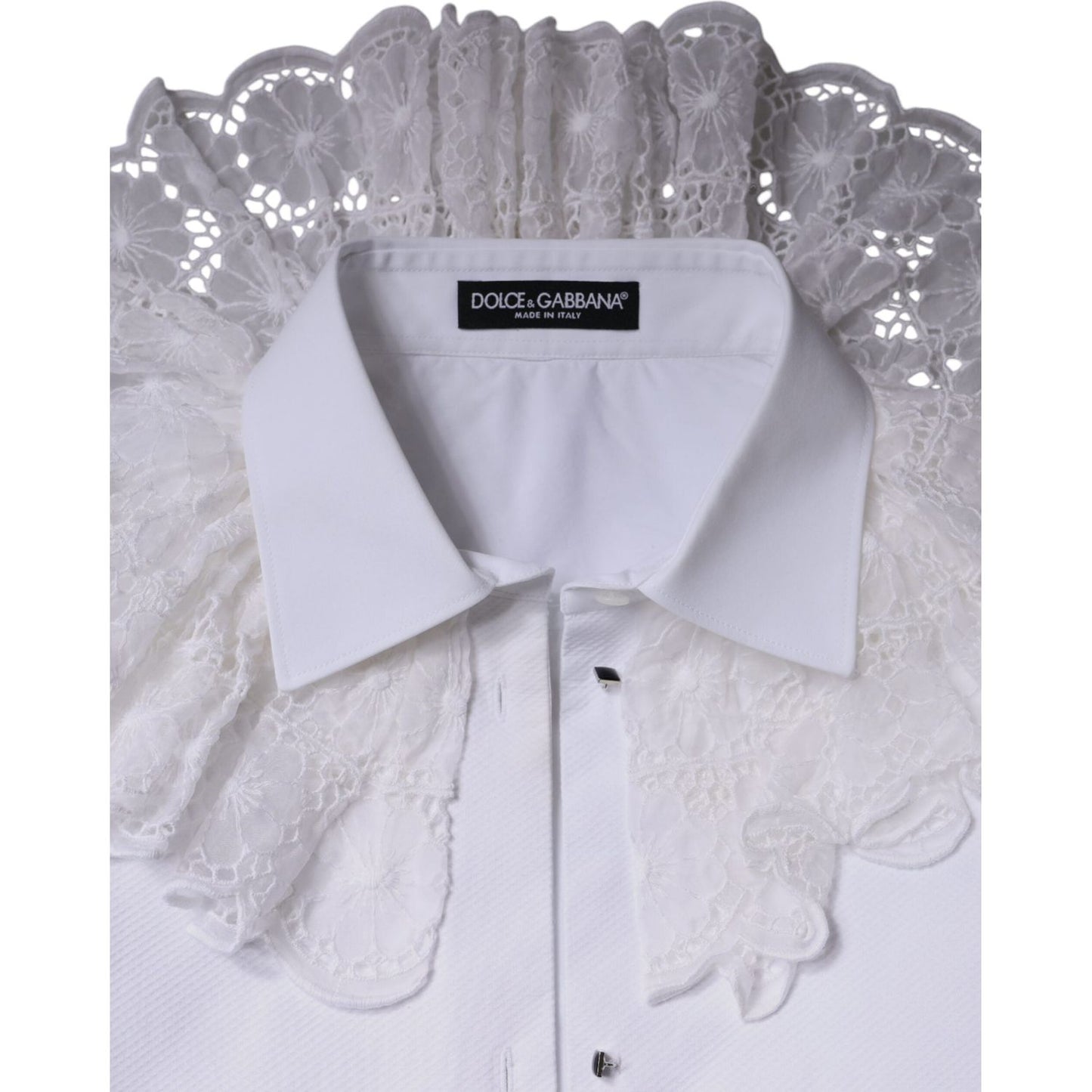 Dolce & Gabbana white cotton poplin shirt blouse with lace inlay, long sleeves, button front, and collar, made in Italy.