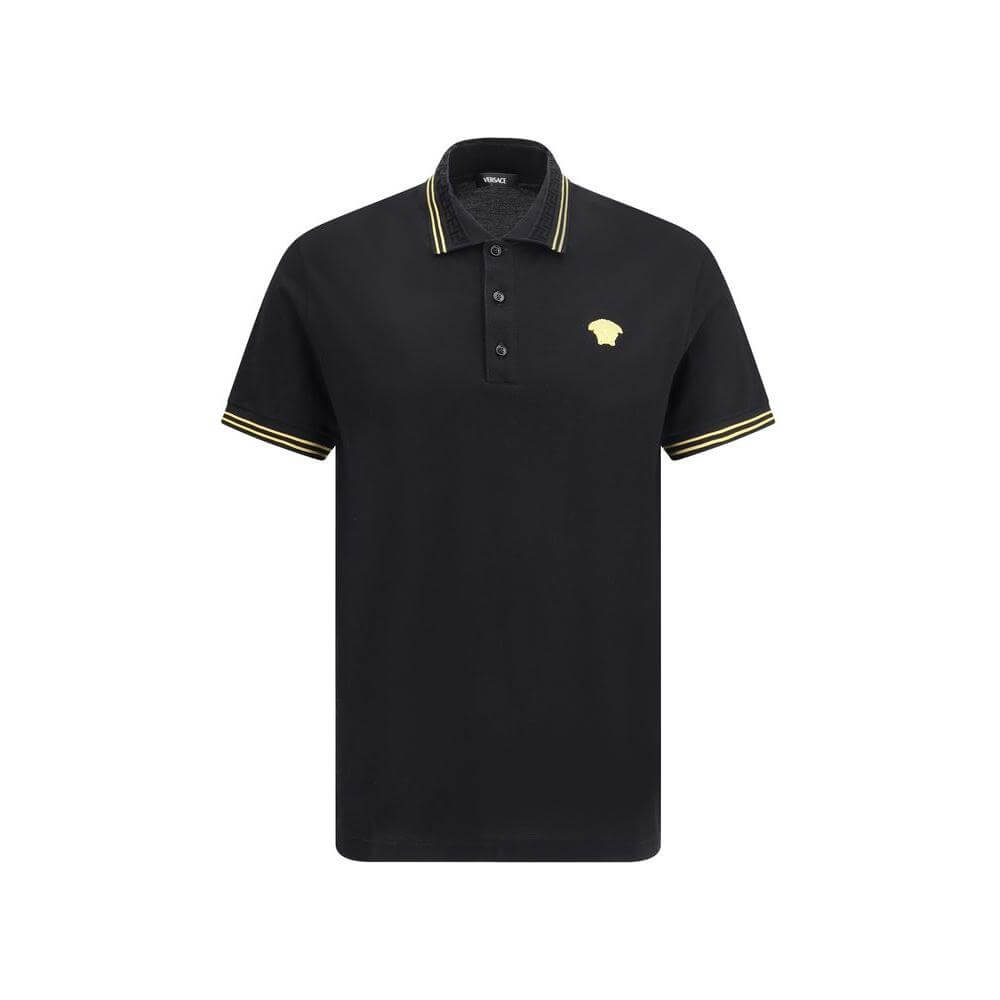 Versace cotton polo shirt with ribbed collar, black with yellow accents, iconic logo patch on front, featuring tone-on-tone buttons.