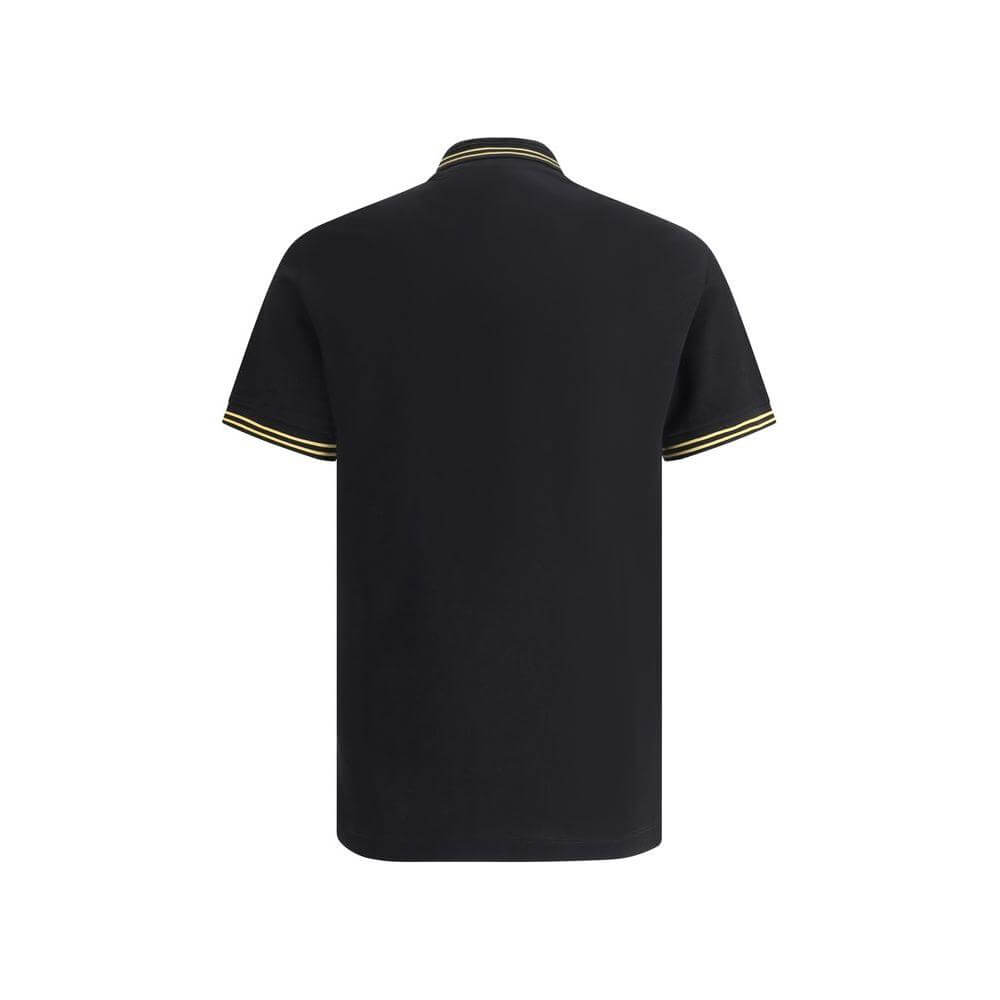 Back view of black Versace cotton polo shirt with ribbed collar and yellow-trimmed sleeves, featuring iconic brand design. Regular fit.