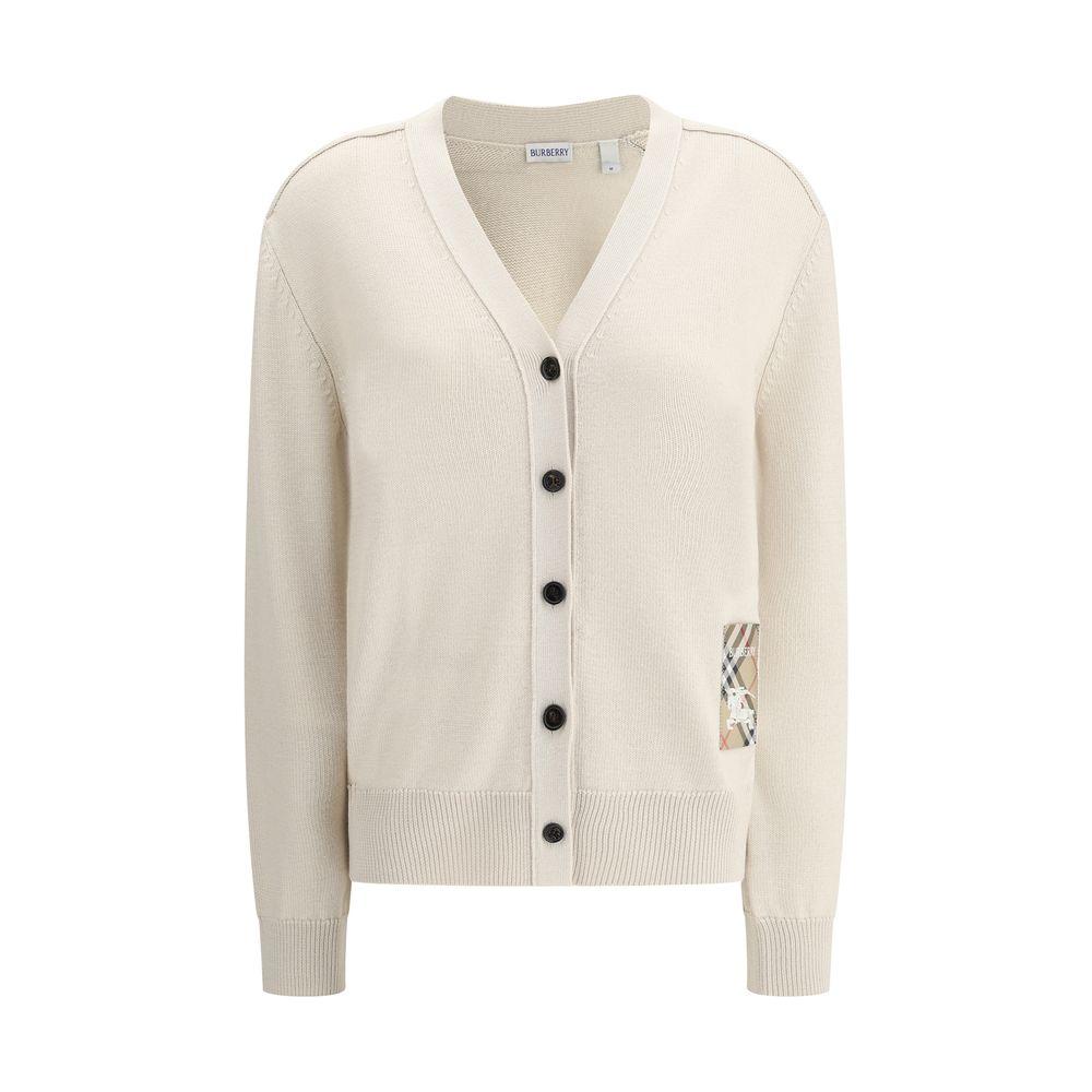 Burberry wool cardigan with button closure, V-neckline, and iconic Archivio Check patch with Equestrian Knight symbol.