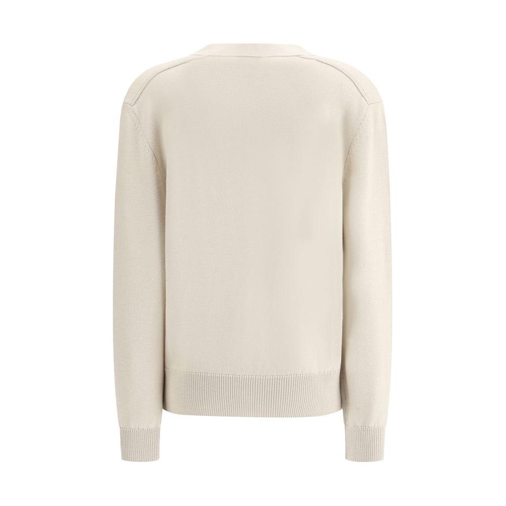 Back view of Burberry wool cardigan with elegant design and classic button closure, featuring iconic Archivio Check patch and Equestrian Knight symbol.