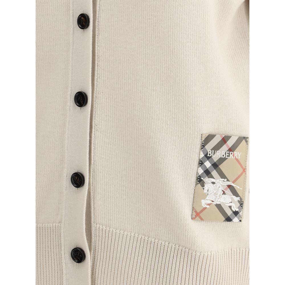 Burberry wool cardigan with Archivio Check patch and Equestrian Knight, featuring a V-neckline and button closure.