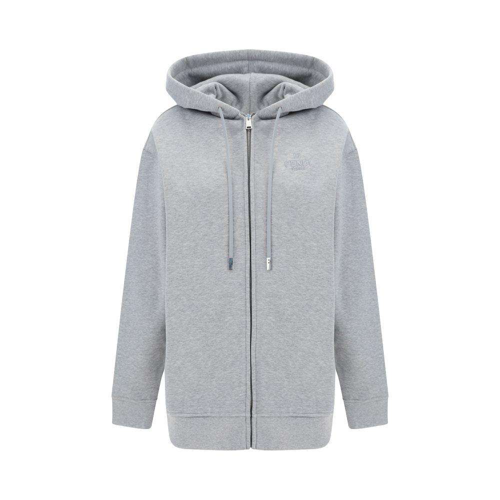 Grey Fendi cotton hoodie with adjustable drawstring hood, ribbed cuffs, hem, front zipper, and iconic monogram on front.
