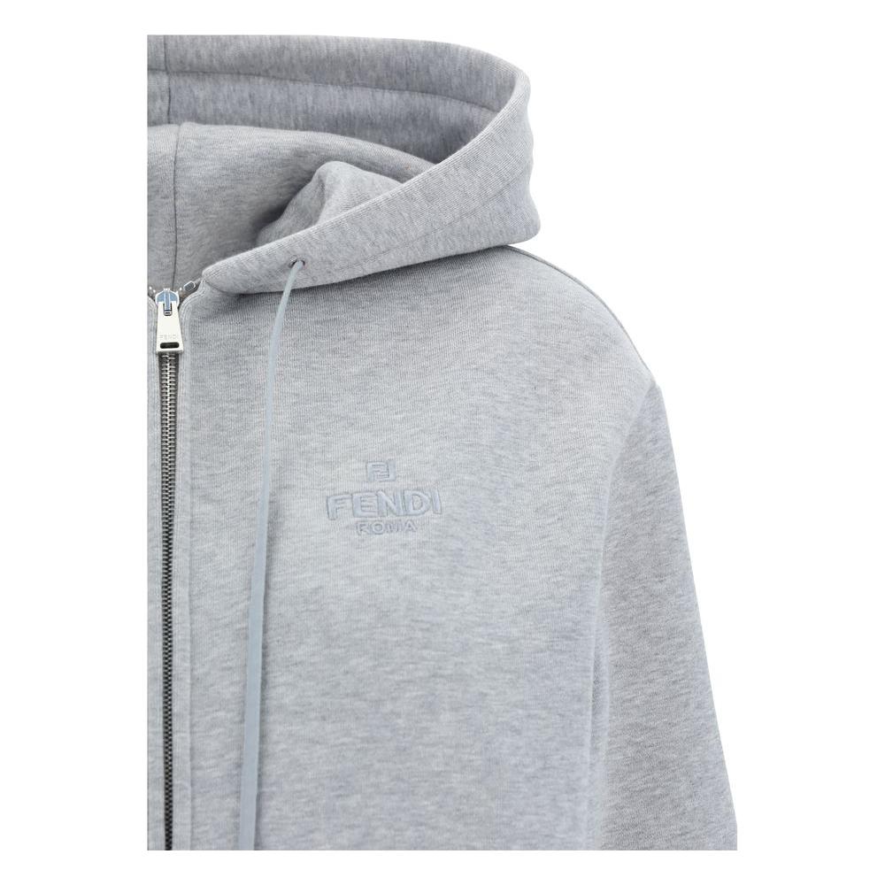 Gray Fendi cotton hoodie with adjustable drawstring hood, ribbed cuffs and hem, front zipper, iconic monogram detail.
