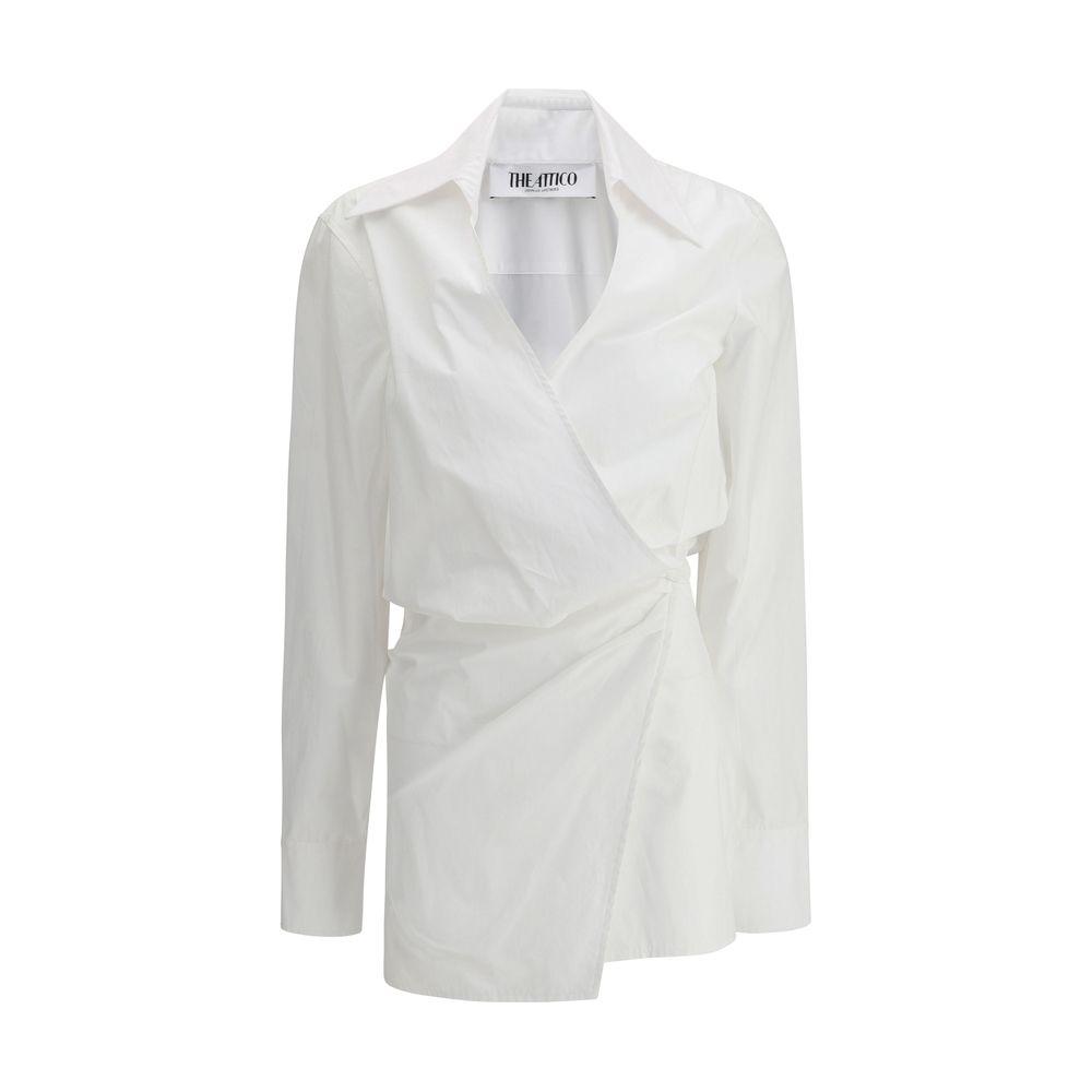 The Attico Chemisier Dress, white cotton, mini design, classic collar, deep V-neck, extra long sleeves, wrap skirt, monochrome.