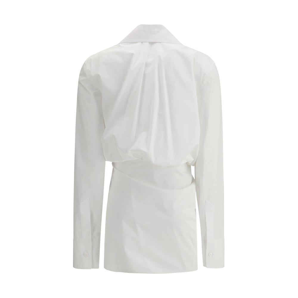 Back view of The Attico Chemisier Dress in cotton with classic collar, wrap skirt, and long sleeves.
