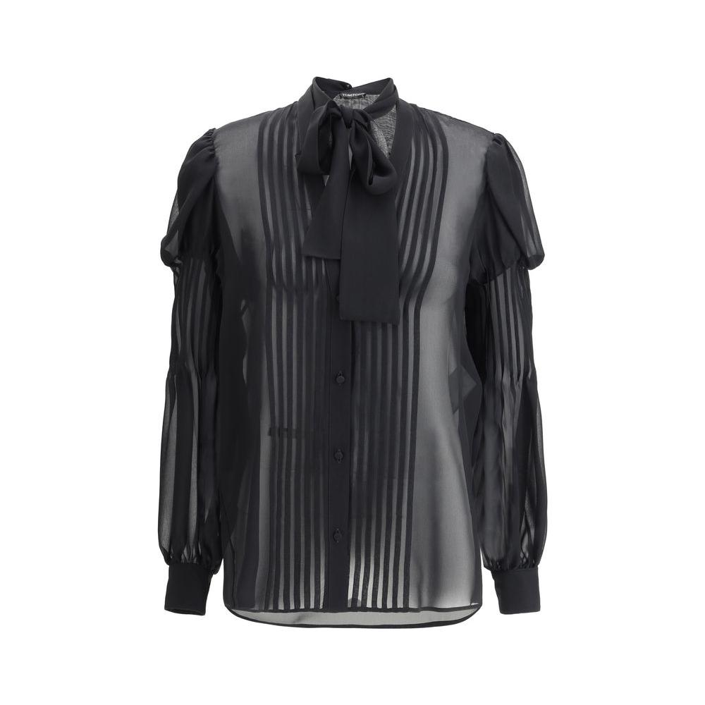 Tom Ford Silk Georgette Shirt with V-neckline, puff shoulders, and button closure in elegant monochrome. Ideal for a sophisticated look.
