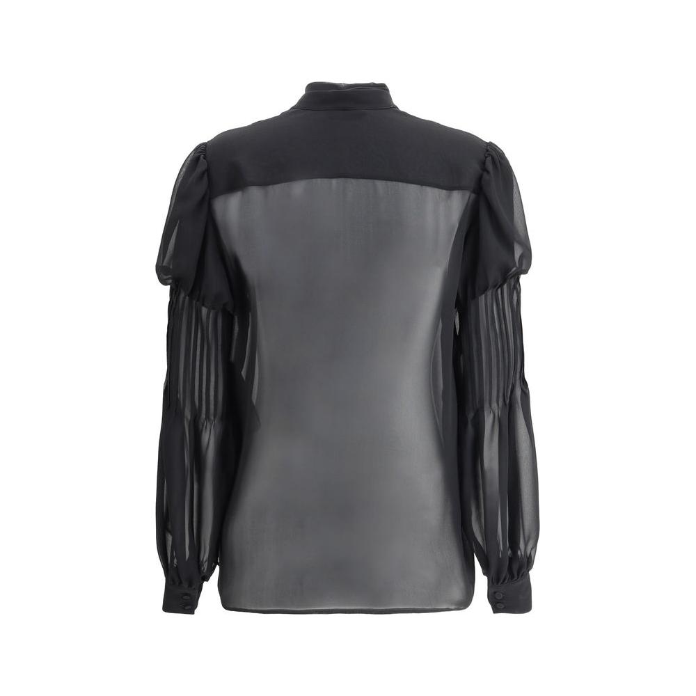 Back view of Tom Ford silk georgette shirt with puff shoulders and sheer design, monochrome pattern offering chic and sophisticated style.