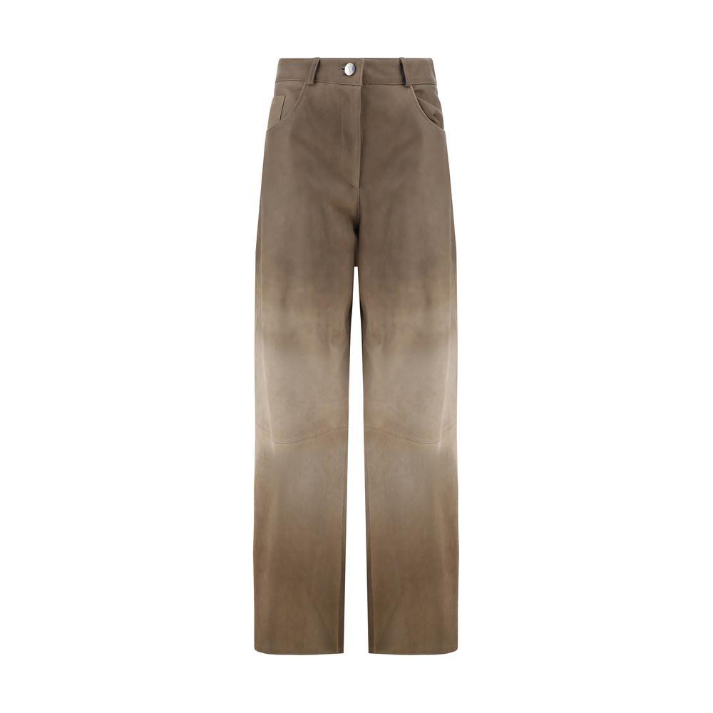 Arma Lambskin Catania Pants with wide-leg design, front button zip closure, and belt loops in brown leather.