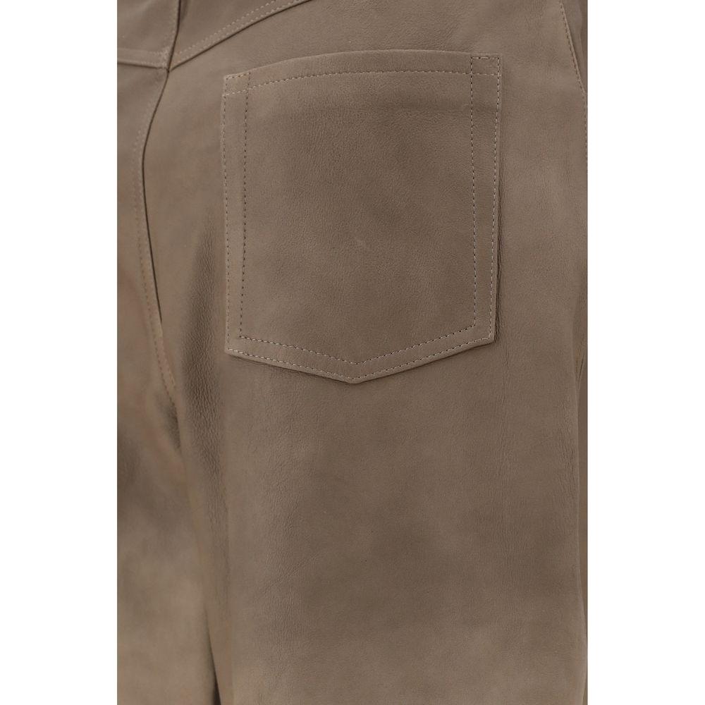 Close-up view of Arma Leather Catania Pants showing back pocket, made from lambskin in a paneled design, wide-leg style with belt loops.