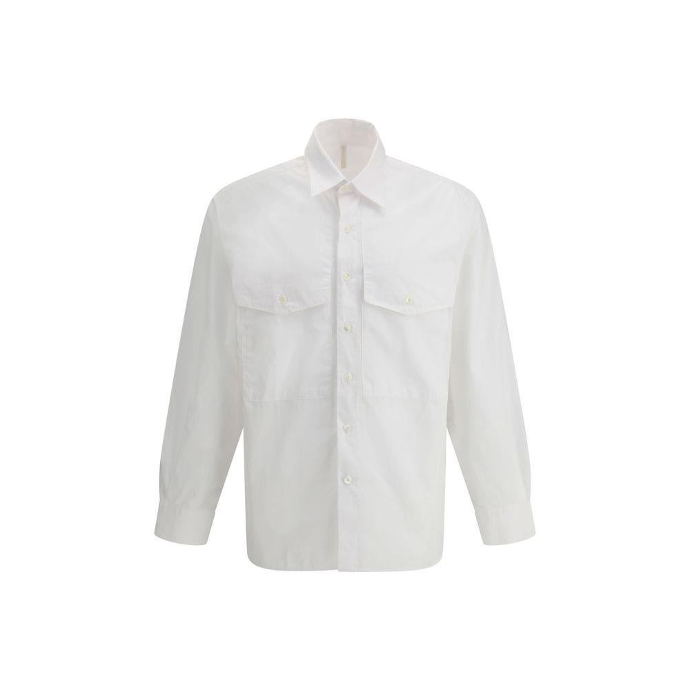White cotton Sunflower shirt with classic collar, front button closure, and two buttoned patch pockets. Monochrome design.