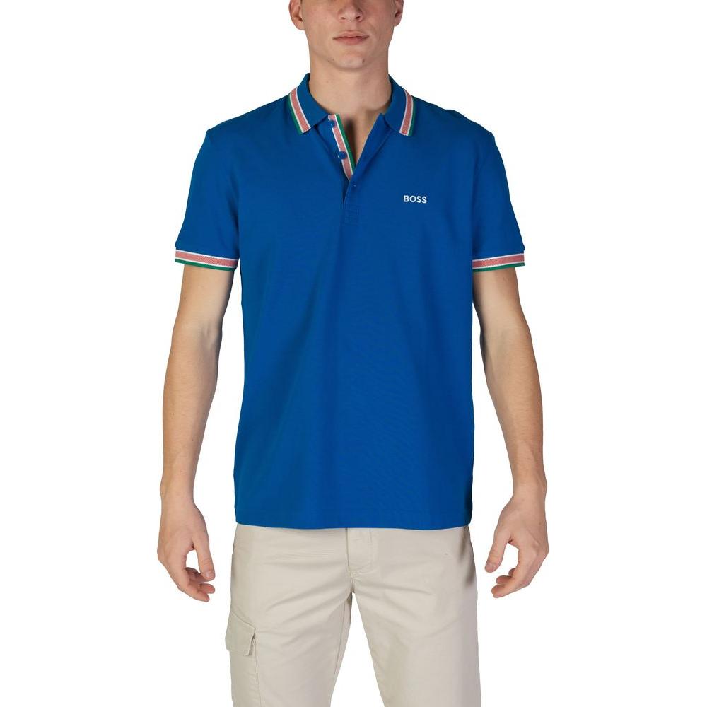 Hugo Boss men's blue cotton polo shirt, short-sleeved, fall/winter collection. Casual and stylish outfit for men.