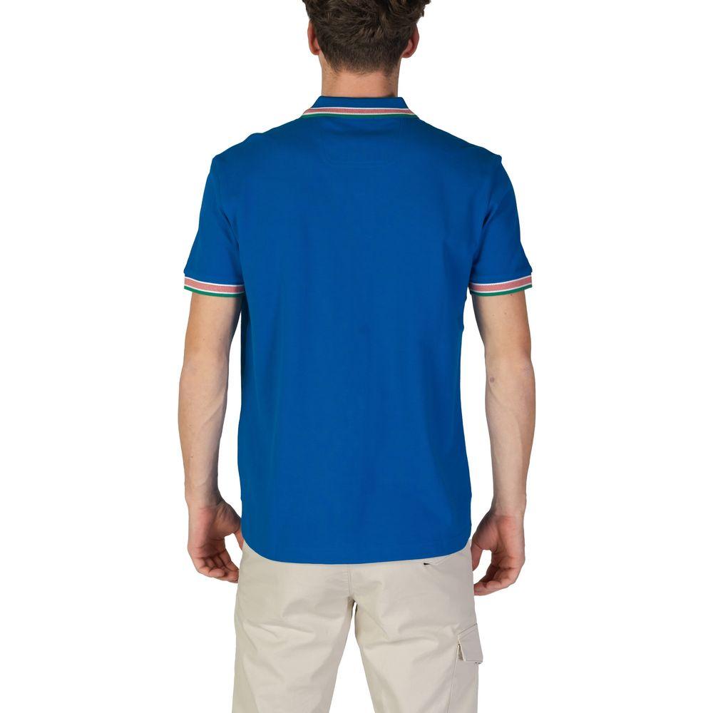 Back view of Hugo Boss blue cotton polo shirt, men's short-sleeved fall/winter collection, 100% cotton.