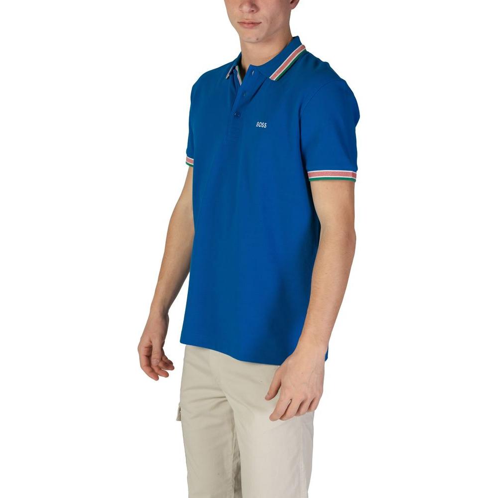 Hugo Boss Blue Cotton Polo Shirt on male model, short-sleeved, fall/winter collection, 100% cotton composition.