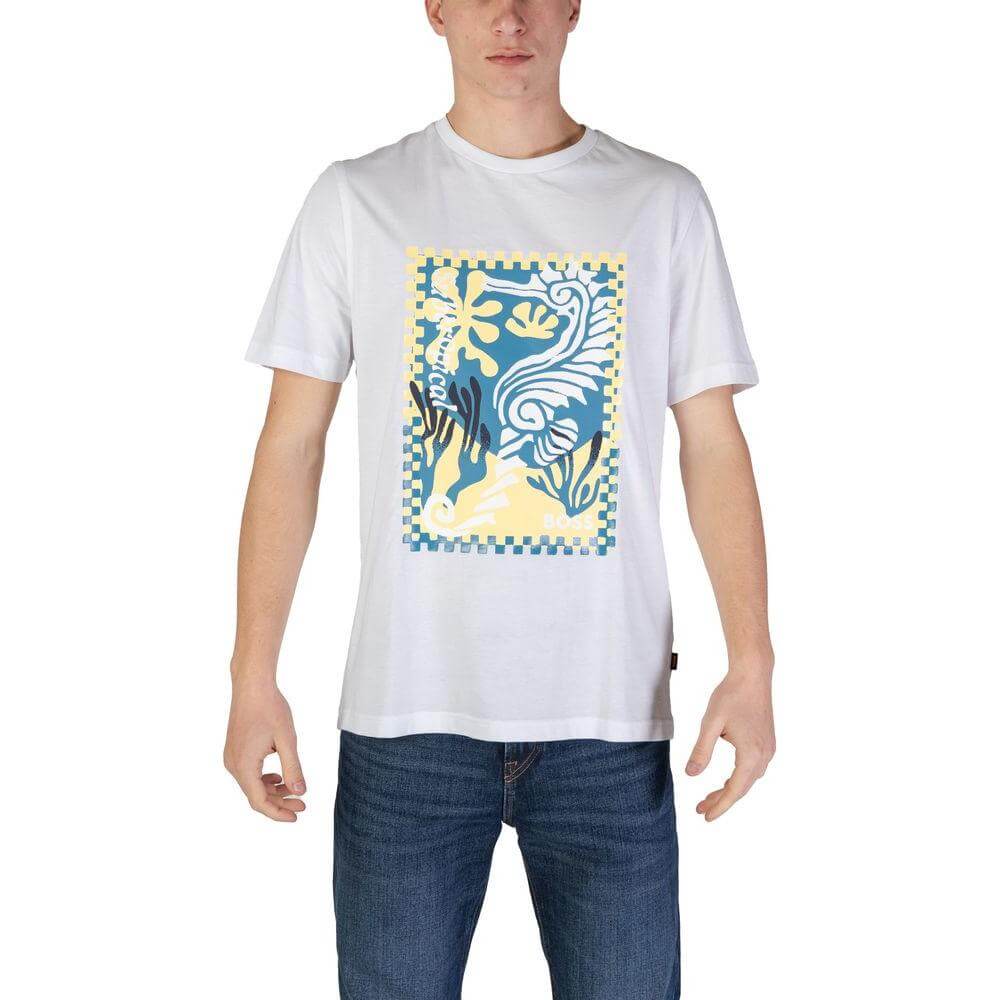Hugo Boss men's short-sleeved white cotton t-shirt with floral graphic, fall/winter collection.