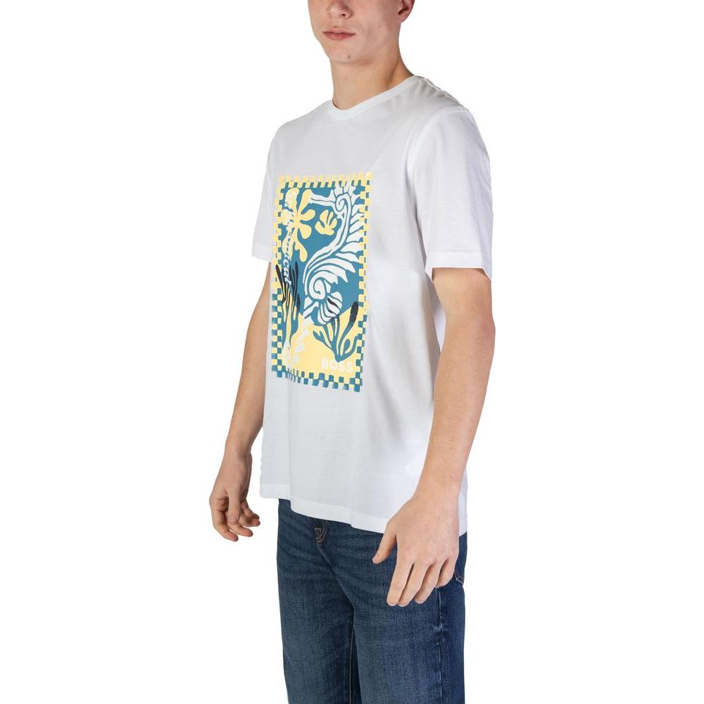 Man wearing Hugo Boss white cotton t-shirt, short-sleeved, featuring blue and yellow graphic design, Fall/Winter collection