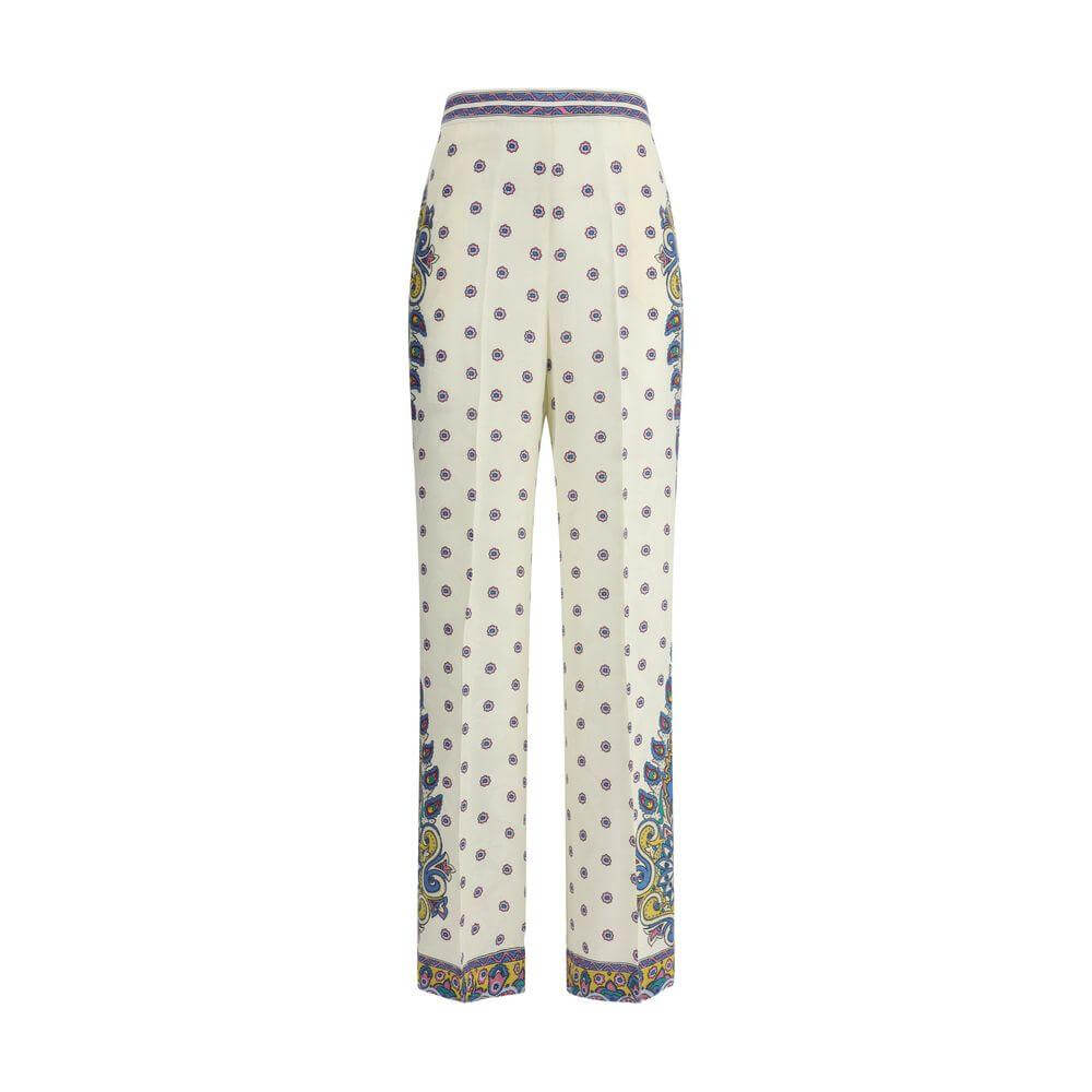 Etro Paisley Print Pants in silk with high-waisted cut, featuring elegant paisley patterns and side zipper closure for a sleek fit.