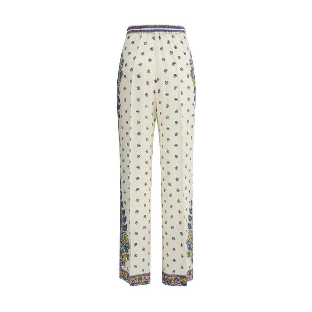Etro Silk Paisley Print Pants with high-waisted cut, straight leg, and elegant flow, featuring side zipper and bold paisley design.