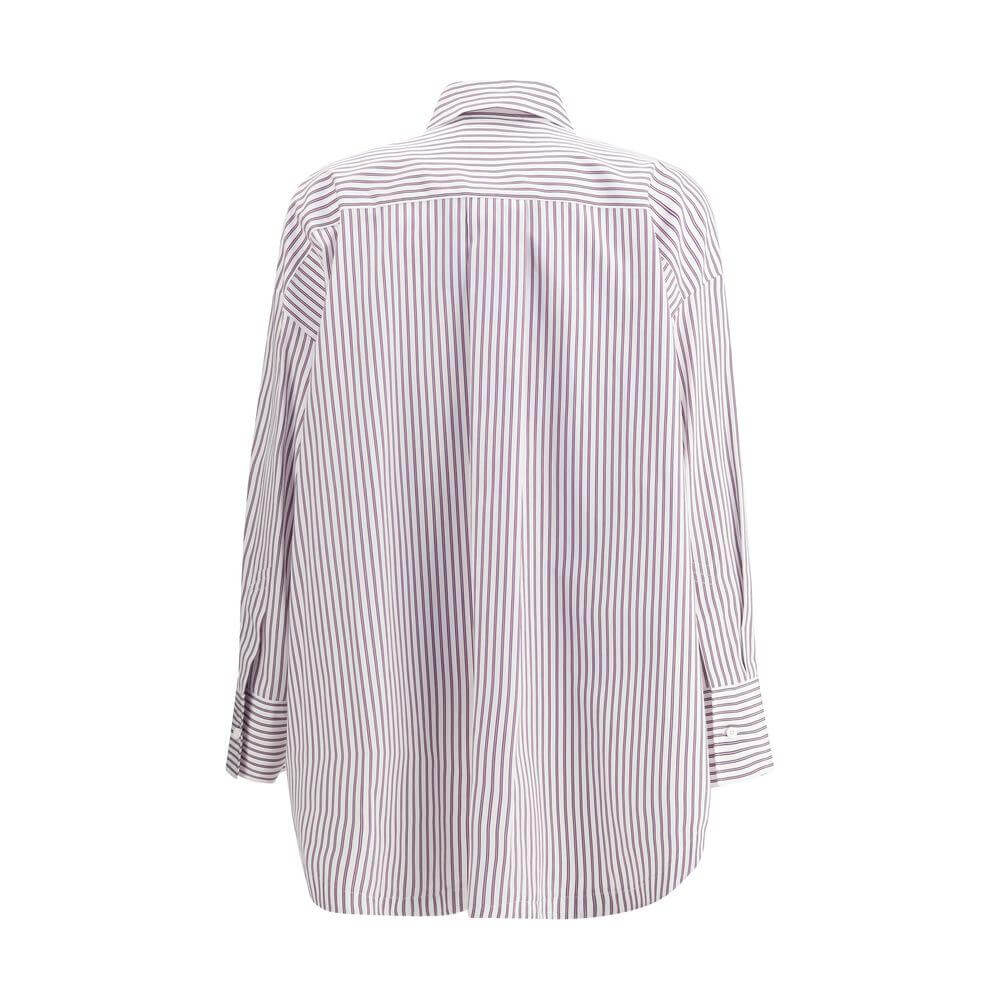 Back view of The Attico's asymmetrical striped cotton shirt with wide oversized bell sleeves and a modern design.