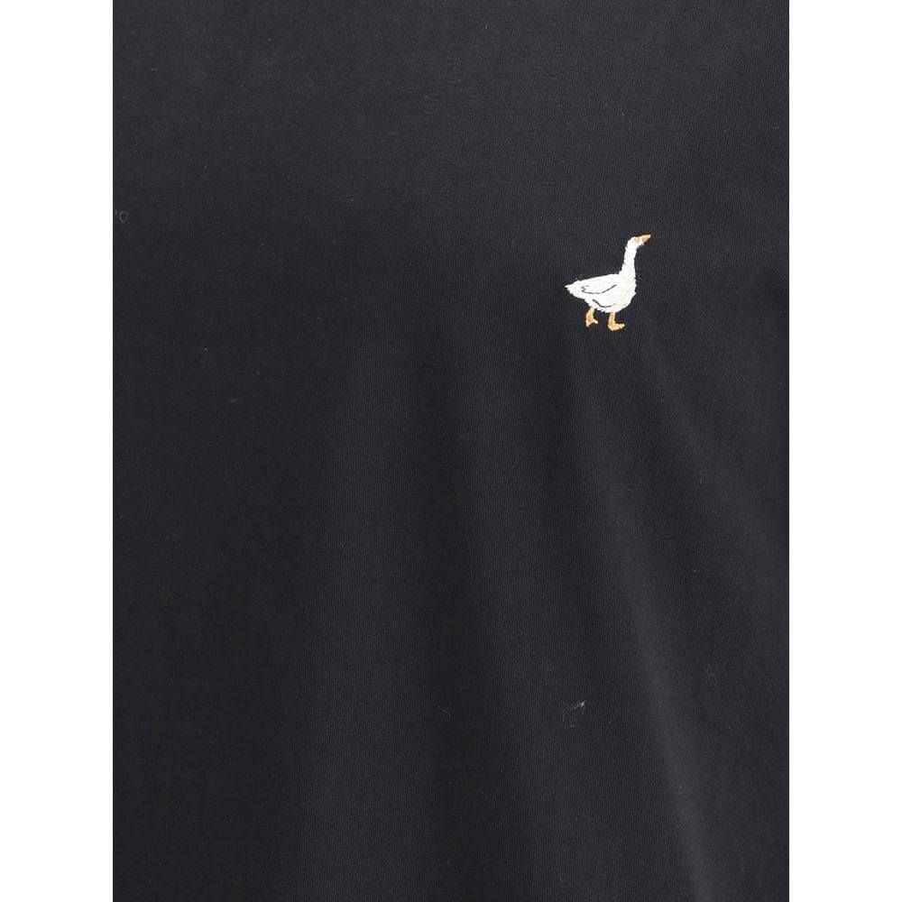 Close-up of Moschino Cotton Logo T-Shirt featuring a stitched mini goose on the front, showcasing a playful detailed design.