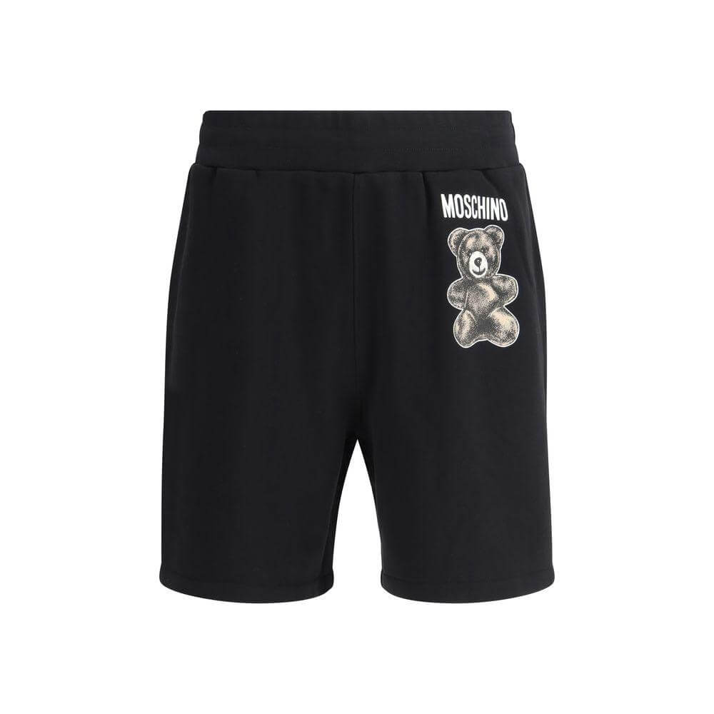 Moschino black cotton logo sweatpants shorts with teddy bear graphic and elastic waistband, knee length for a casual look.