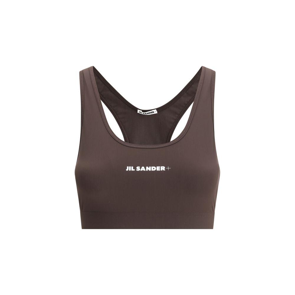 Jil Sander Sport Top, brown cropped design with brand's monogram, featuring stylish back strap detail and comfortable stretchy fit.