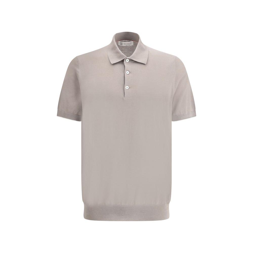 Brunello Cucinelli cotton polo shirt with ribbed collar, jeweled buttons, ribbed sleeves, and hem, regular fit, front view.