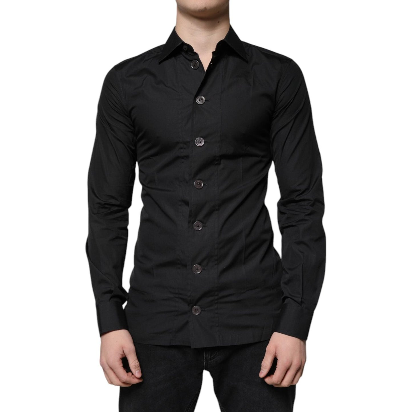 Dolce & Gabbana black long sleeve formal dress shirt, slim fit, 100% cotton with button-down closure, made in Italy.