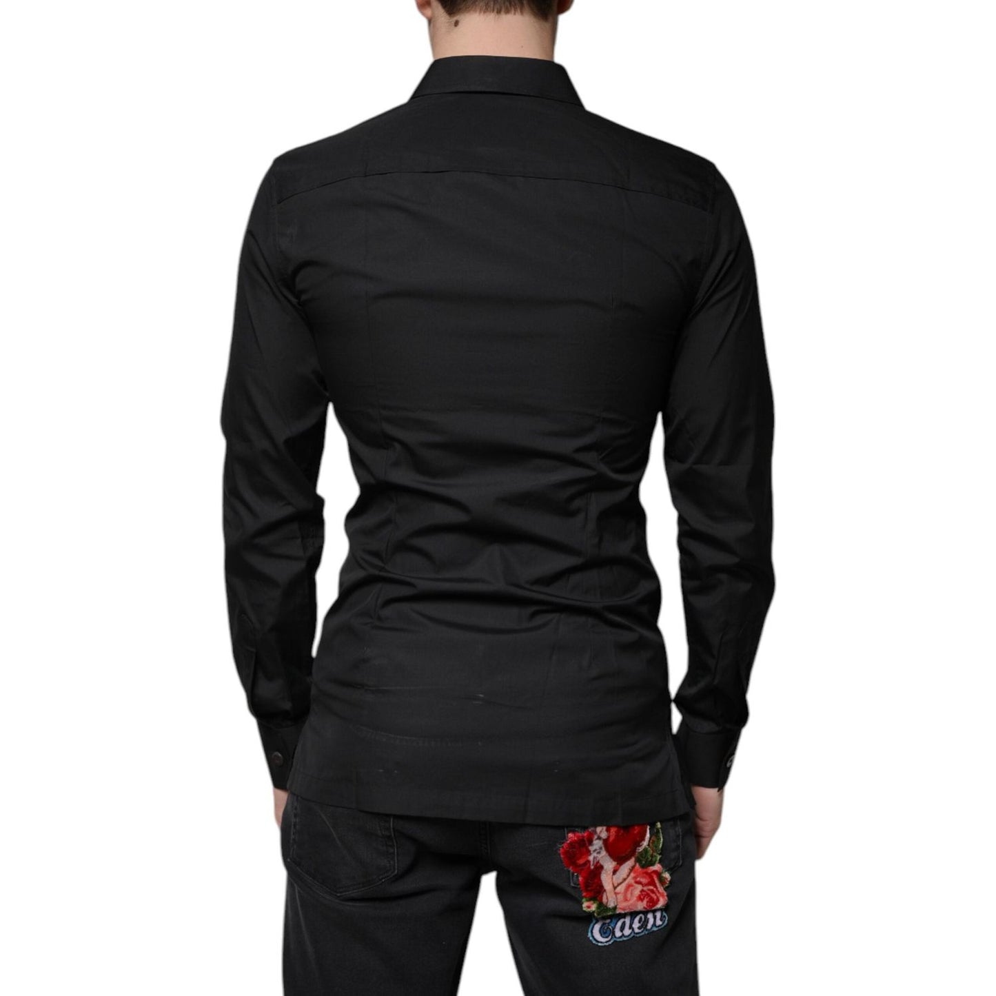 Dolce & Gabbana black cotton formal long sleeves dress shirt, slim fit, collared neck, 100% cotton, back view.