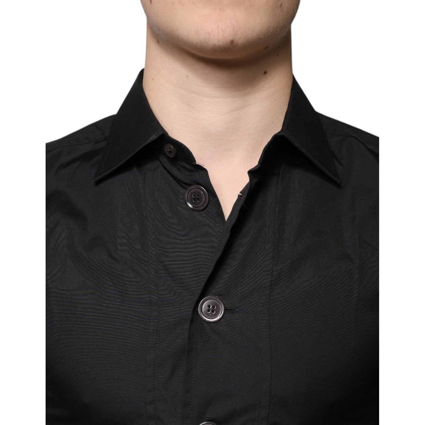 Dolce & Gabbana black cotton formal shirt with long sleeves and button-down closure, classic collar, slim fit, made in Italy.