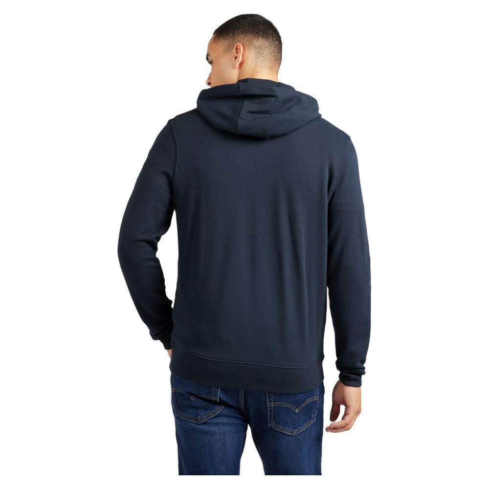 Men's blue cotton sweater by Refrigiwear, fall-winter collection, 100% cotton, rear view with hood up.