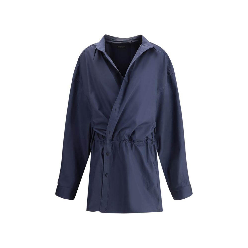 Balenciaga Chemisier Mini Dress with classic collar and asymmetrical button closure in dark blue