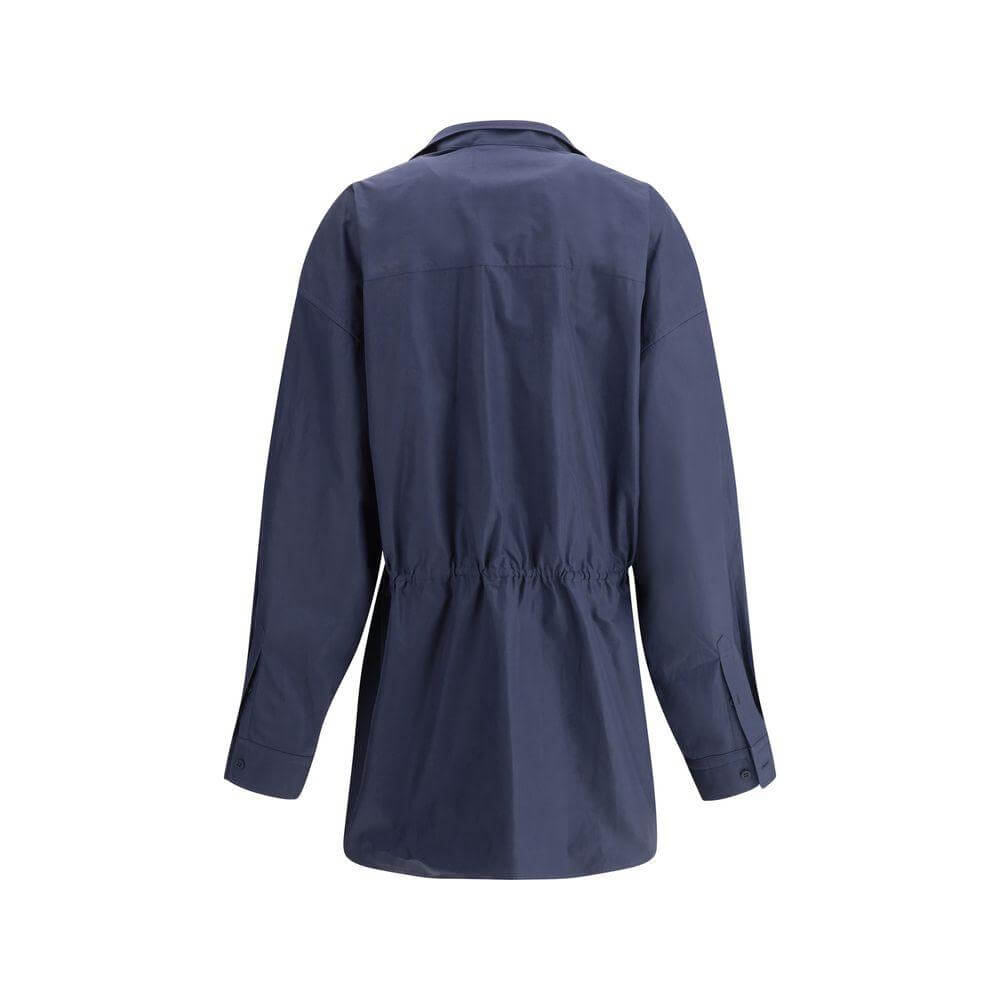 Balenciaga shirt mini dress with classic collar and adjustable waistband, showcasing back view and elegant navy blue fabric.