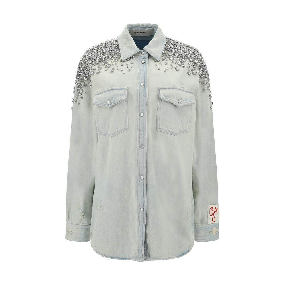 Golden Goose Boyfriend Shirt with beaded shoulders, pearl snap button closure, and front patch pockets. Oversized fit.
