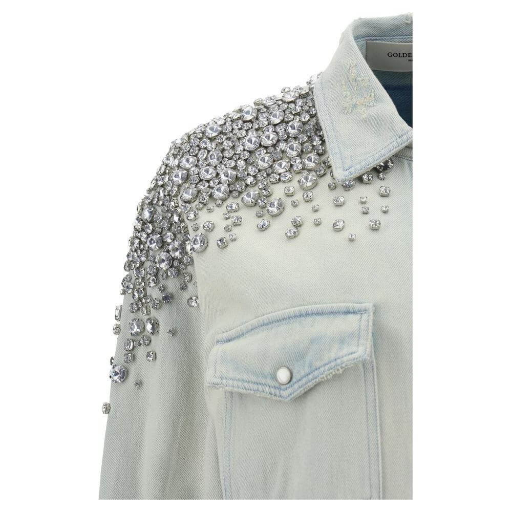 Golden Goose Boyfriend Shirt with pearl snap buttons and beaded appliqués on shoulders, oversized fit.