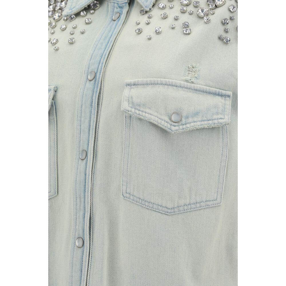 Close-up of Golden Goose Boyfriend Shirt with snap buttons, flap pockets, and beaded embellishments on shoulders.