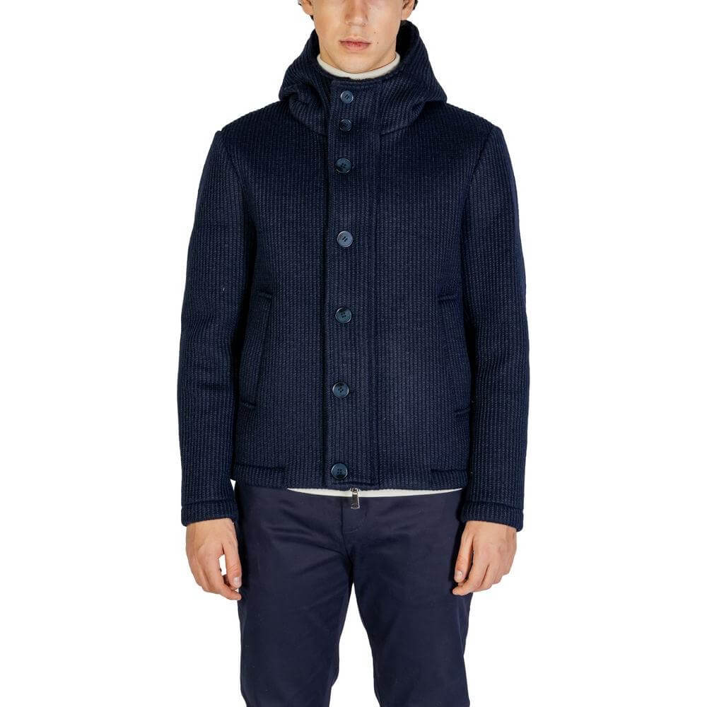 Hydra Clothing blue polyester jacket for men, fall/winter collection, 75% polyester and 25% wool, front view