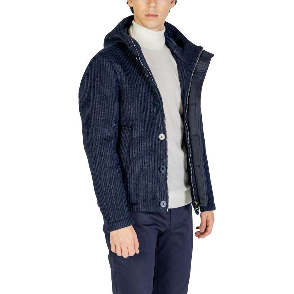 Men's Hydra Clothing blue polyester jacket, Fall/Winter collection, featuring 75% polyester and 25% wool, stylish and warm.