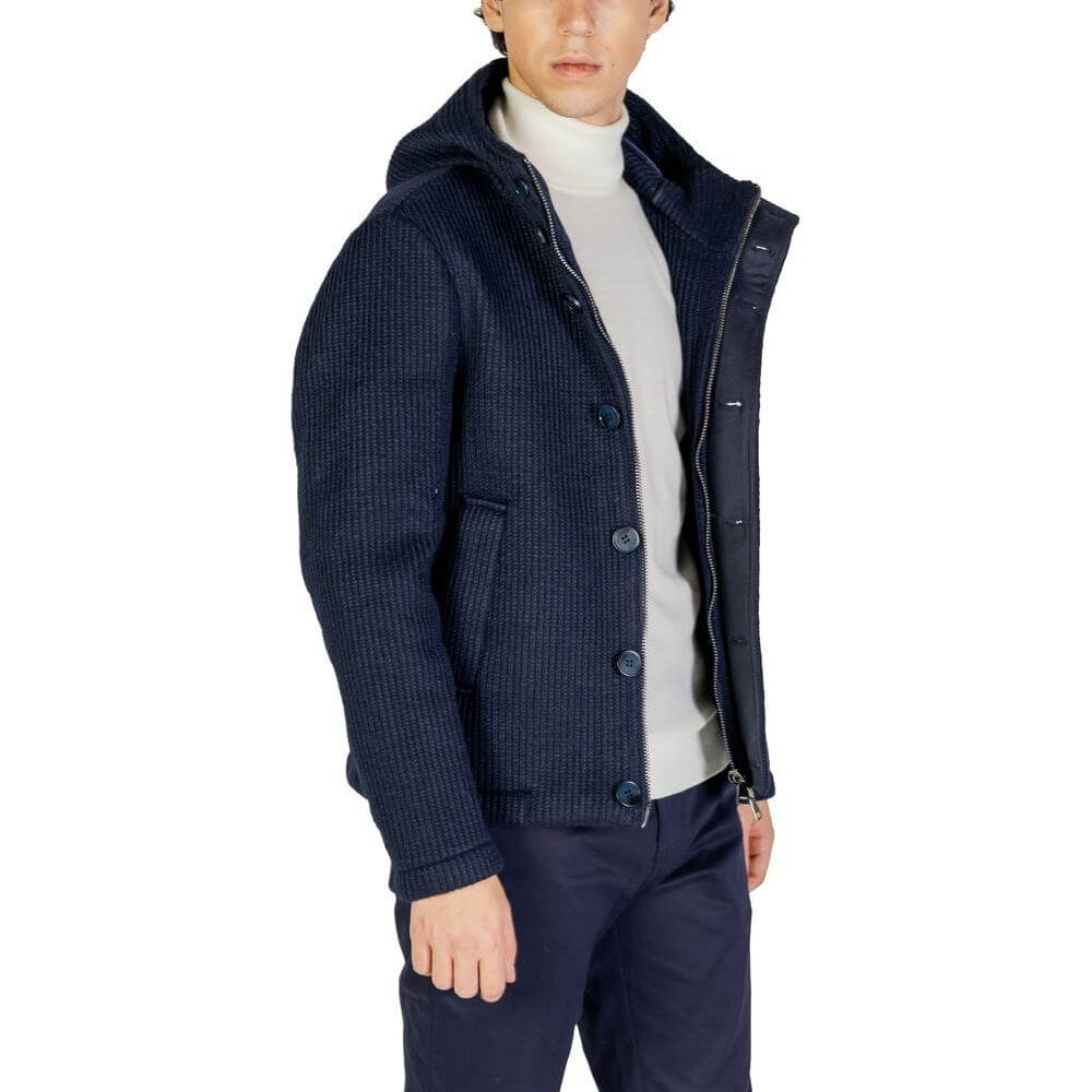 Men's Hydra Clothing blue polyester wool blend jacket, fall/winter collection, featuring a button-up front and hood design.