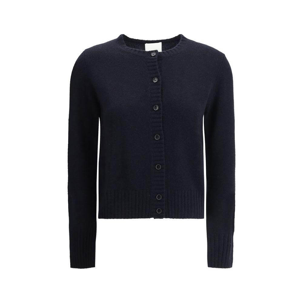 Luxurious Allude Cashmere Cardigan with button front, ribbed cuffs, crew neck, and hem, offering warmth and sophistication in navy.